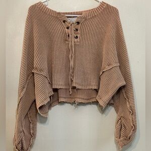 Vintage Havana Sweater Womens Medium Tan Waffle Knit Lace Up Cropped Distressed